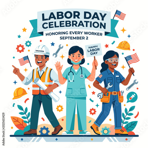 A vibrant illustration celebrating the invaluable contributions of diverse workers, marking Labor Day with unity and appreciation for their essential roles in society