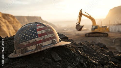 Weathered hard hat with American flag pattern on a construction site with excavator in the background