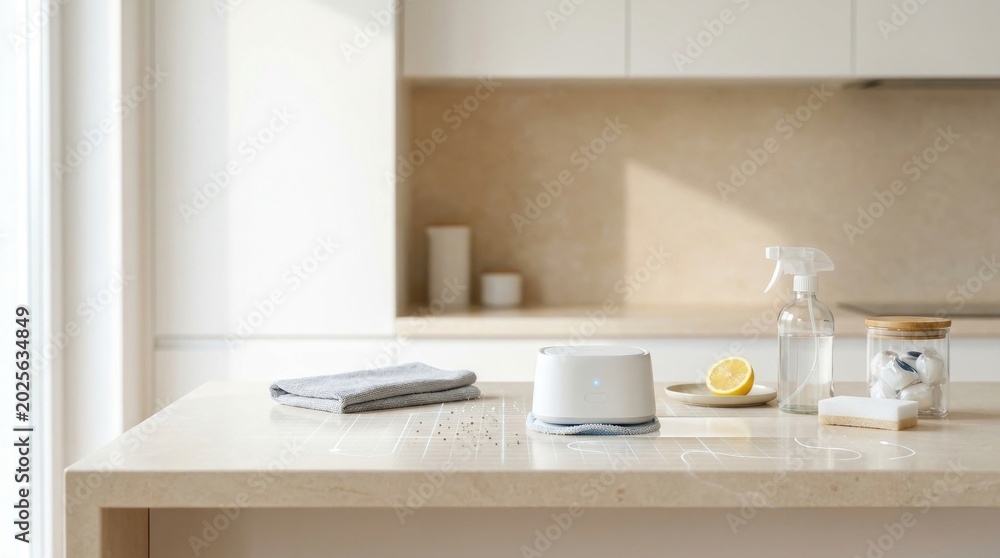 Fototapeta premium Smart robotic kitchen cleaner device sanitizing countertop surface with digital scanning grid lines