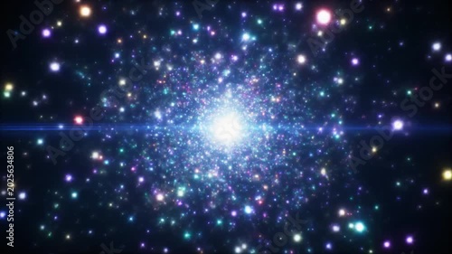 A vibrant, sparkling cosmic explosion with a central bright light and numerous colorful particles radiating outwards in a dark universe.
