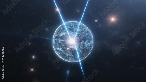 A celestial body with a bright core emitting two intersecting blue light beams in deep space.