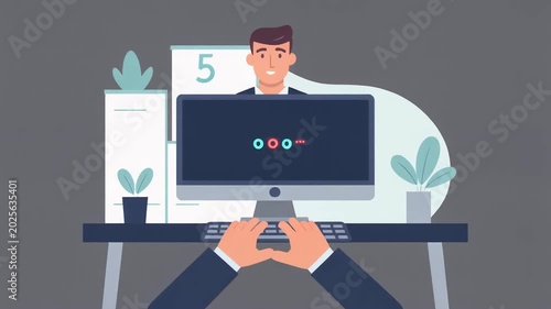 A man in a suit working at a desk with a computer and plants.