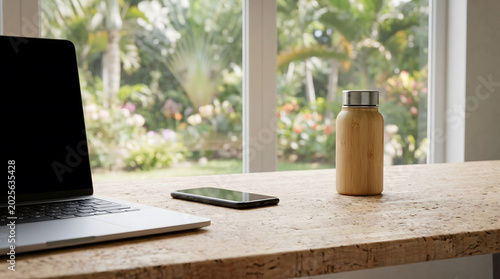 Eco Friendly Bamboo Water Bottle on Wooden Desk with Laptop and Smartphone Against Bright Window with Tropical Garden View for Remote Work