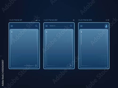 Futuristic HUD user interface three glowing blue digital panels. cyberpunk frame features holographic design elements
