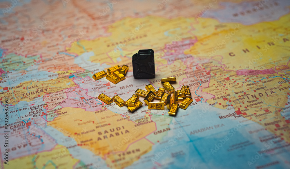 Naklejka premium Fuel canister with gold bars on Iran map resource.