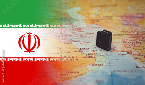 Fuel canister on Iran map conflict concept.
