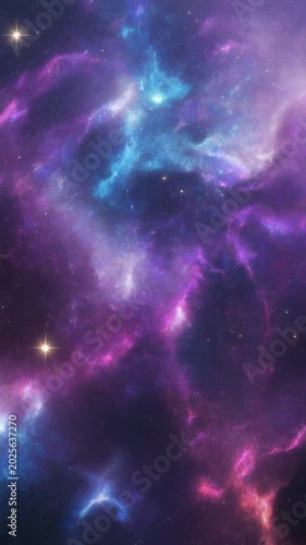A breathtaking cosmic nebula with swirling purple, blue, and pink gas clouds illuminated by distant stars, creating a vibrant and ethereal space scene.