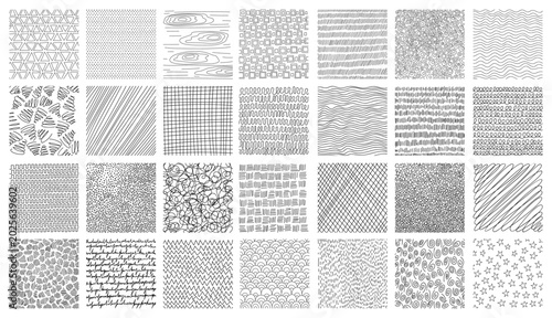 Foto Hand-drawn crosshatch patterns with organic lines and pencil textures vector illustration set