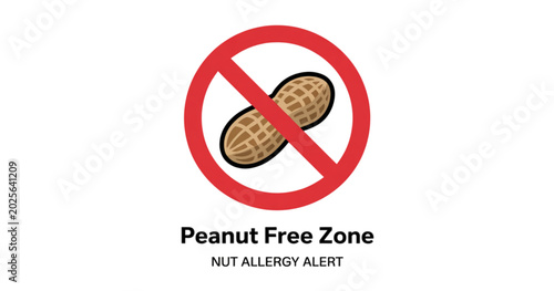 Photos Peanut free zone sign with crossed peanuts on red circle for allergy safety Vect