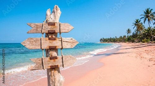 Weathered beach signage made of rustic driftwood pointing in three directions on stunning pink sand beach against vibrant turquoise ocean.