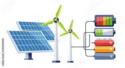 Canvas Print Solar panels wind turbine and batteries generating energy flat vector illustrati