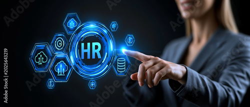 Human resource businesswoman digital interface technology office touchscreen innovation management data recruitment human resource concept with