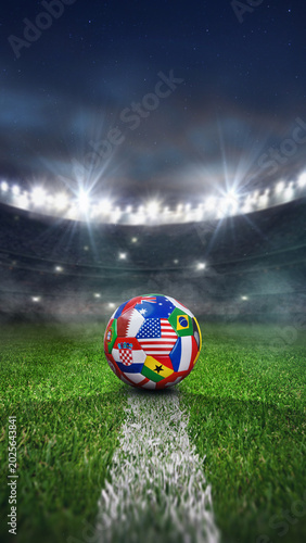 Fotografie textured soccer game field with soccer ball covered with multiple national flags in neon fog - center, midfield