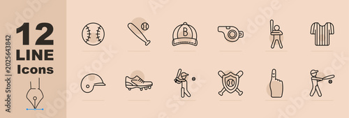 Baseball equipment set icon. Line icons with ball, bat, cap, whistle, catcher stance, jersey shirt, helmet, cleats shoe, batting action, shield emblem, finger sign, player swing.