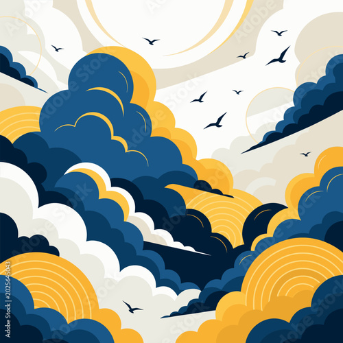 Foto A dramatic stylized vector illustration of a cloudy sky, featuring layered, bill