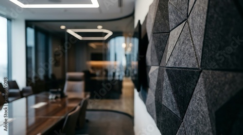 Modern office meeting room with acoustic wall panels and wooden furniture in professional setting