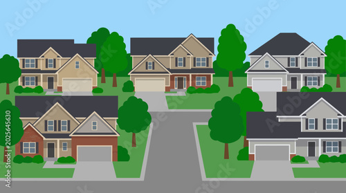 Photos a suburban neighborhood with houses and trees.