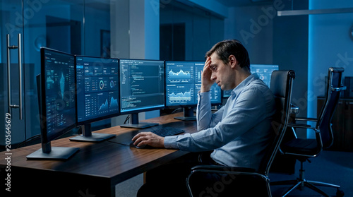 Overwhelmed IT professional facing pivotal business burnout moment at multi-screen workstation in modern office depicting digital fatigue and stress