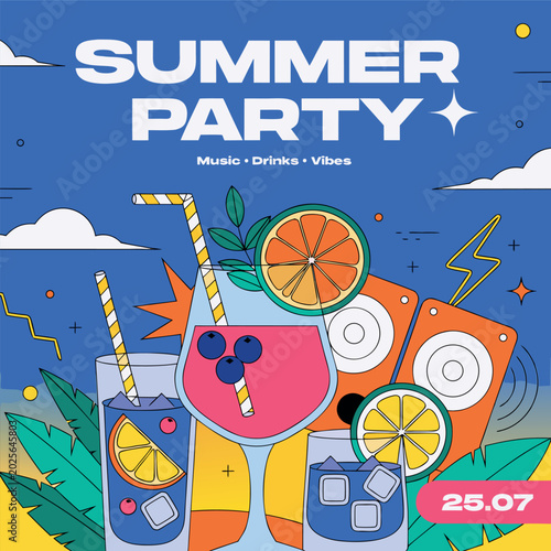 Summer party flyer or poster template in a bold, flat vector style featuring tropical cocktails with citrus slices and ice cubes, sound speakers, and palm leaves set against a bright blue sky beach ba