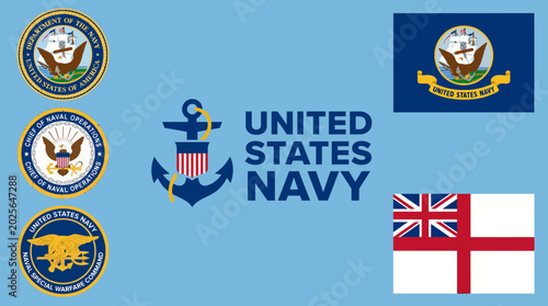 Foto United States Navy insignia and flags.