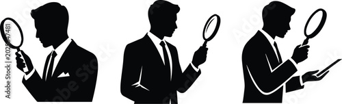 Obraz na plátně Minimalist black professional person holding magnifying glass audit research sil