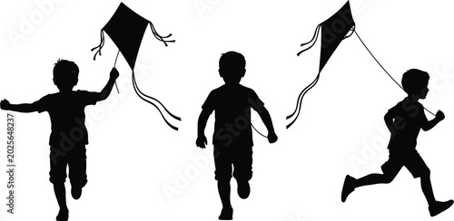 Fotografía Children silhouette collection running with kites in playful outdoor scenes