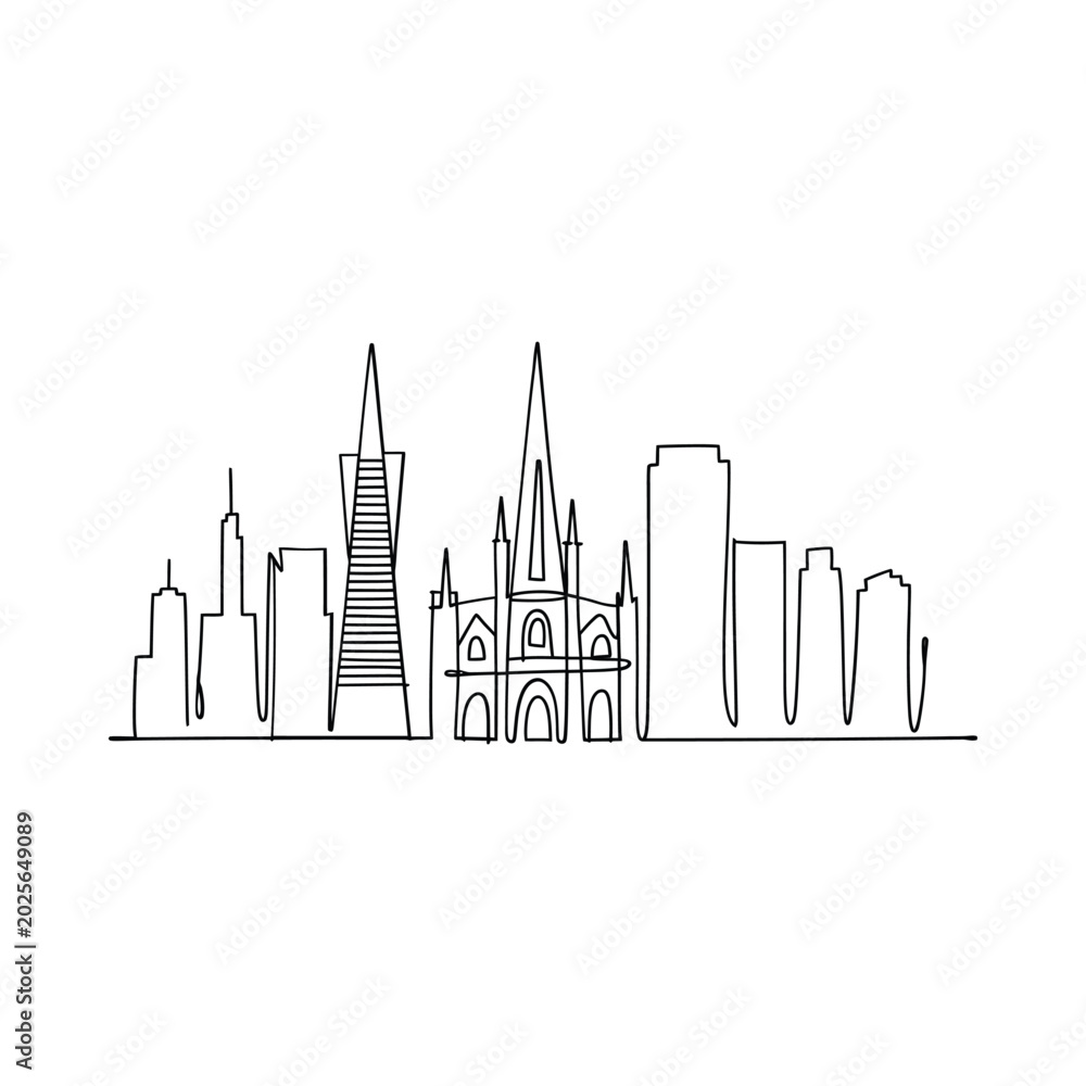 Fototapeta premium city skyline drawing linear sketch on white background