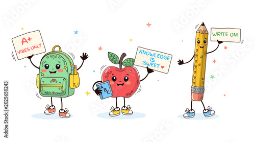 Cute back to school kawaii character set with smiling backpack, apple, pencil holding motivational signs. Hand drawn doodle style vector illustration for education, stickers, posters, classroom decor.