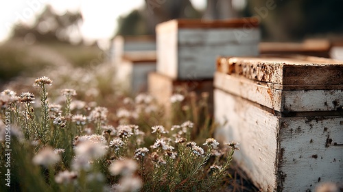 Beehive boxes are placed in an apiary with many flowers growing nearby. The setting is clean and outdoors. Sunlight is present, creating a warm atmosphere for the bees