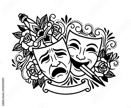 Valokuva Iconic theatrical masks of comedy and tragedy, entwined with blossoming roses an
