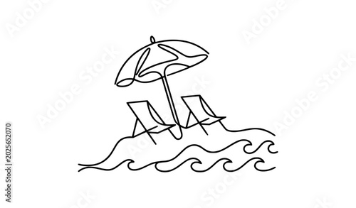 Canvas Print Minimal beach resort line art icon sun umbrella chairs sea waves vector illustra