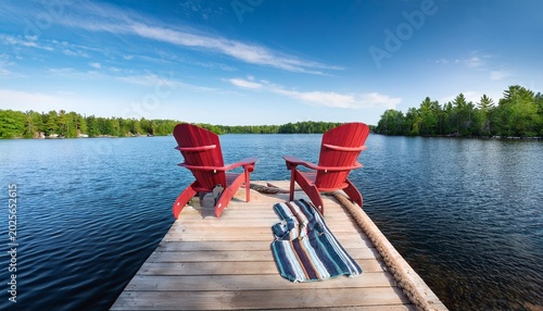 elevated wide angle shot of a wooden dock on a calm lake with two adirondack chairs and striped towels a red canoe tied to the pier adds adventure to this tranquil muskoka summer nature getaway