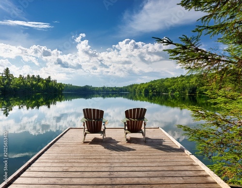 two adirondack chairs sit on a wooden dock overlooking a calm muskoka lake with fluffy clouds and lush green trees mirrored in the still water space for copy