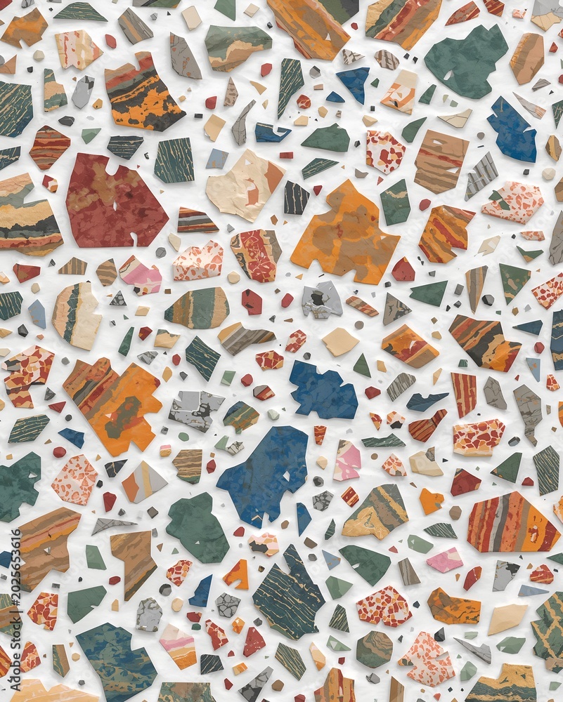 Naklejka premium A vibrant and intricate mosaic pattern featuring a variety of colorful stone fragments embedded in a white background. The irregular shapes and textures create a unique and artistic surface