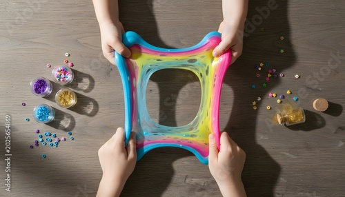 Hands stretching colorful rainbow slime with glitter, fun activity for kids