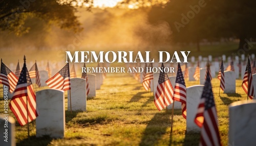 Showing marble headstones lining national cemetery lawn at sunset with flags, MEMORIAL DAY text