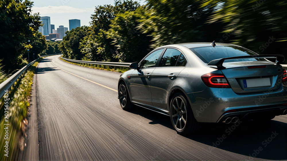 Fototapeta premium Sleek automobile cruising on a scenic highway towards the city