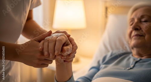 caregivers hands gently holding an elderly womans hands as she rests in a hospital bed, illuminated by warm bedside lamp light.