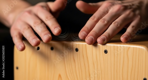 musicians hands are shown in close-up, actively playing a wooden cajon drum, highlighting the percussive action.