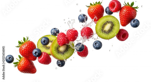 Fresh strawberries, raspberries, blueberries, and kiwi slices floating with water splashes against a solid black background