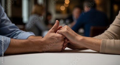 couples hands clasped together on a table in a dimly lit restaurant, symbolizing connection and intimacy.
