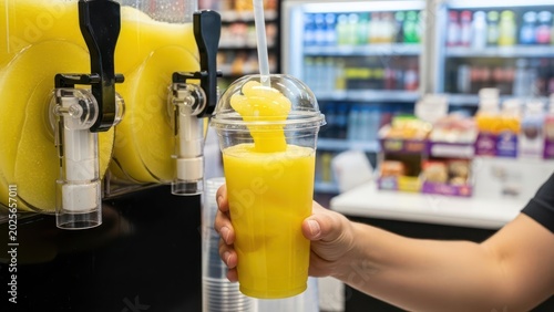 Refreshing yellow slushy beverage being served in a transparent plastic cup in a convenient store