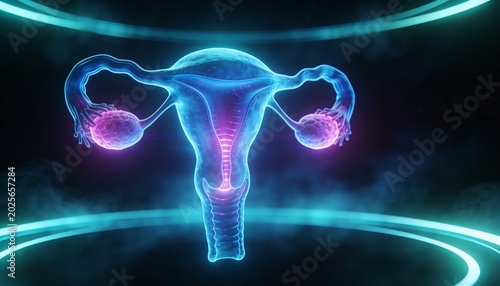 Showing centered anatomical model hovering in virtual lab, with translucent uterus, ovaries, cervix