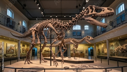 Magnificent dinosaur skeleton exhibit inside grand museum displaying prehistoric life and