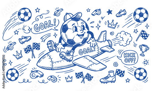 Vintage 1930s Rubber Hose Style Soccer Ball Mascot and Football Doodle Set