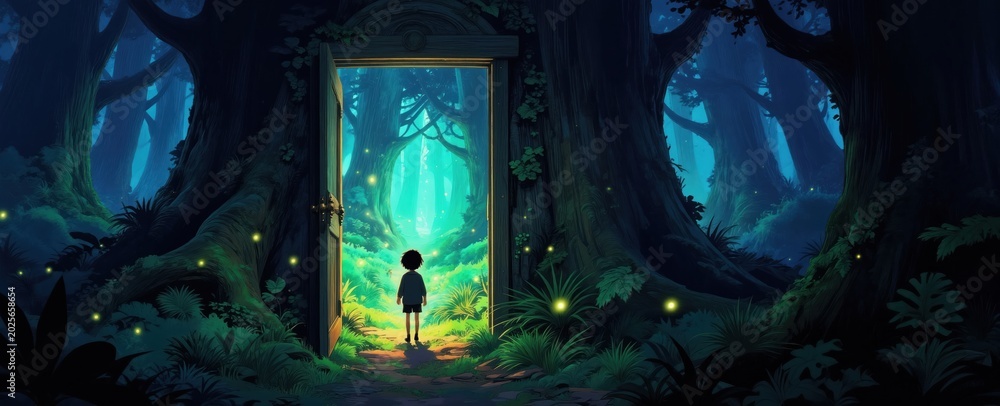 Fototapeta premium Child enters glowing doorway into lush green fantasy forest. Boy stands on path with fireflies, facing bright magical woods. Open portal reveals enchanted nature realm.