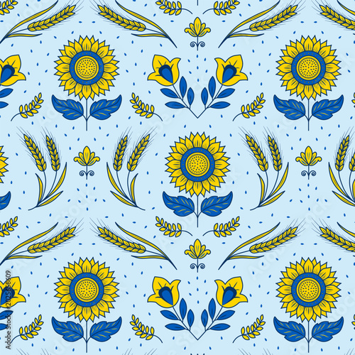 Seamless Ukrainian folk pattern with sunflowers, wheat and floral ornaments in blue and yellow. Decorative vector illustration for greeting cards, banners, invitations, Independence Day celebration.