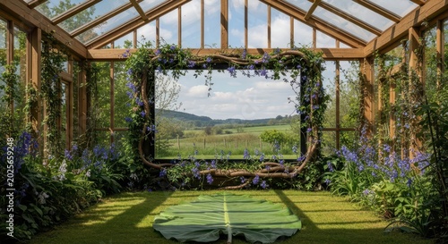 Greenhouse interior with floral arch.
