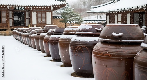 Korean Jangdokdae traditional jars in snow, winter landscape, cultural heritage