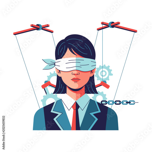 Woman puppet controlled, blindfolded with strings, manipulation vector art